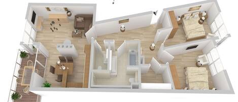 A 3D floor plan of a modern apartment with a living room, dining area, kitchen, two bedrooms, and a balcony.