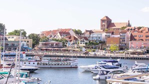 A marina with boats docked, a large white boat with passengers, and buildings with red roofs in the background.