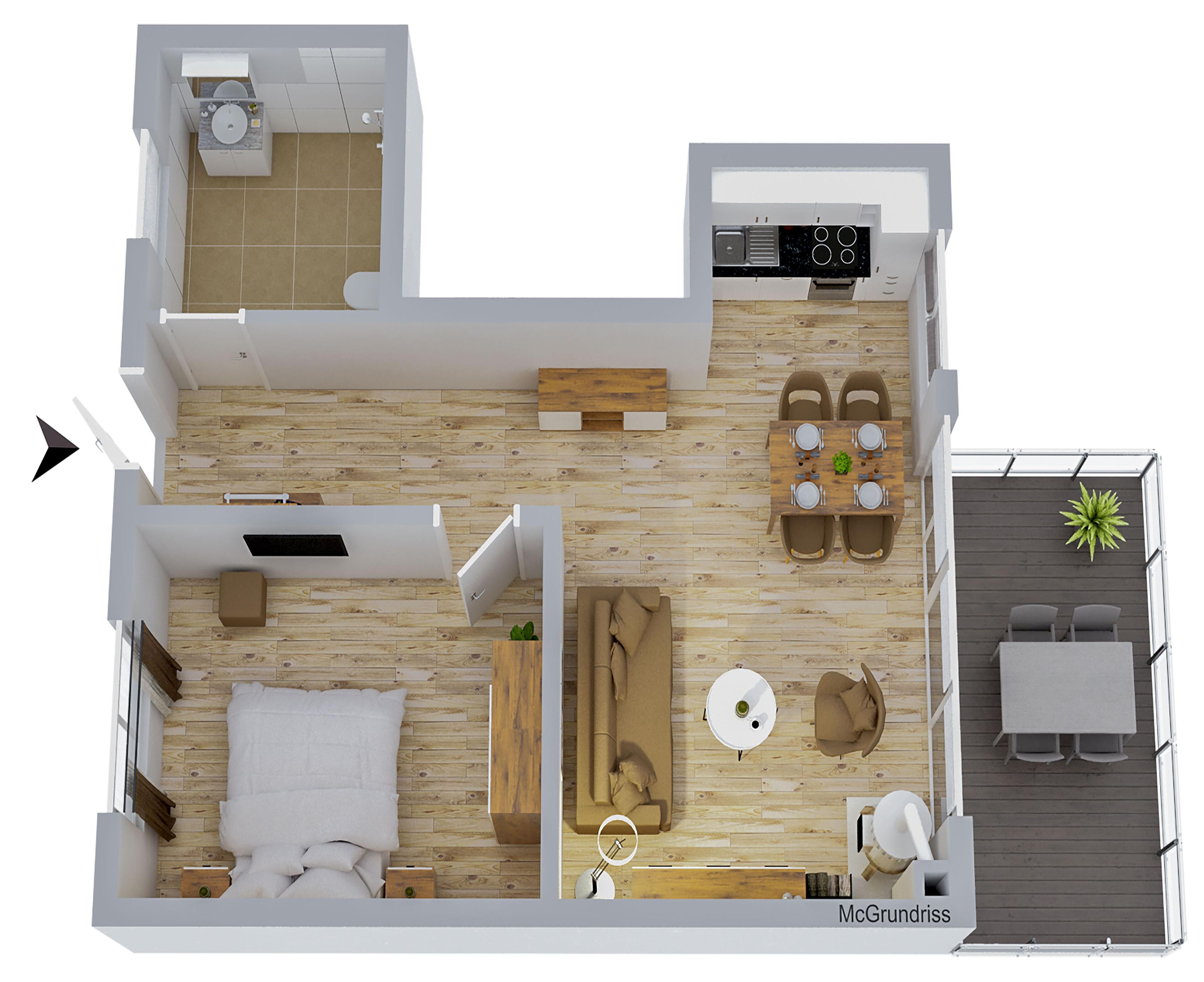Un appartement de deux chambres comprenant une cuisine, un coin repas et un petit balcon.