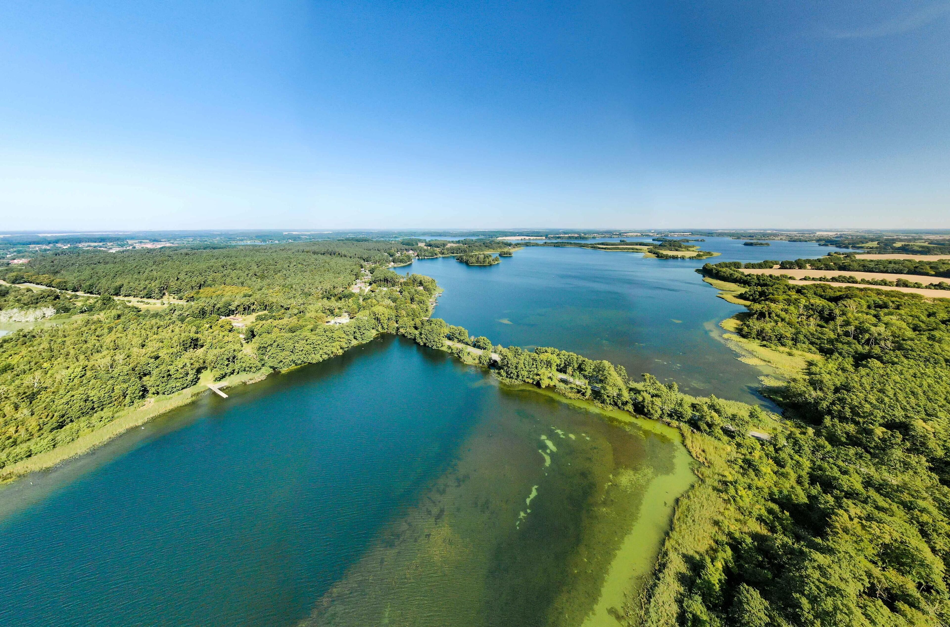 An aerial view of a large body of water surrounded by dense forest.