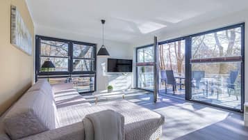 Televisie, een open haard en een stereo