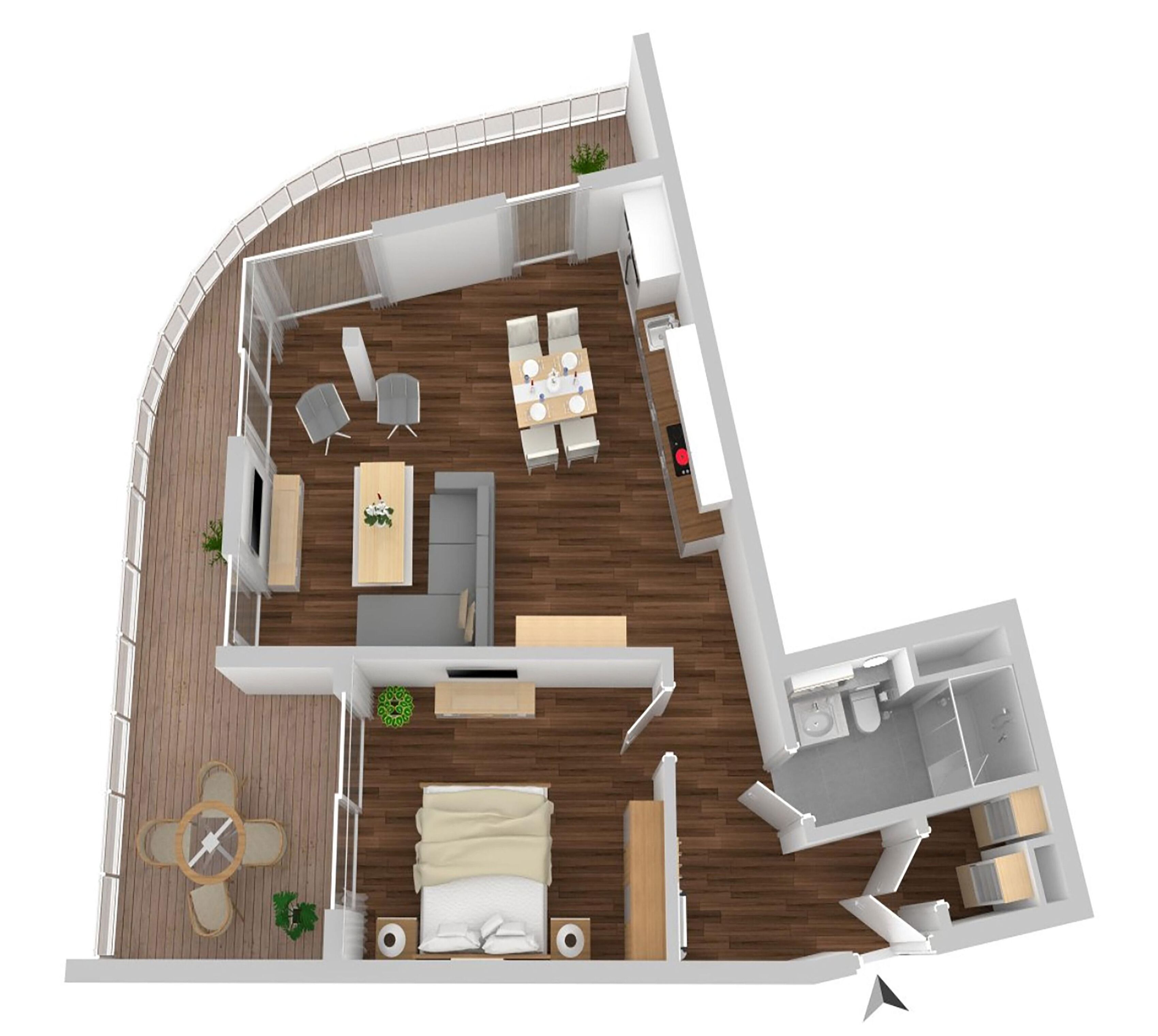 Ein 3D-Grundriss einer modernen Wohnung mit Wohnzimmer, Essbereich, Küche und einem kleinen Badezimmer.
