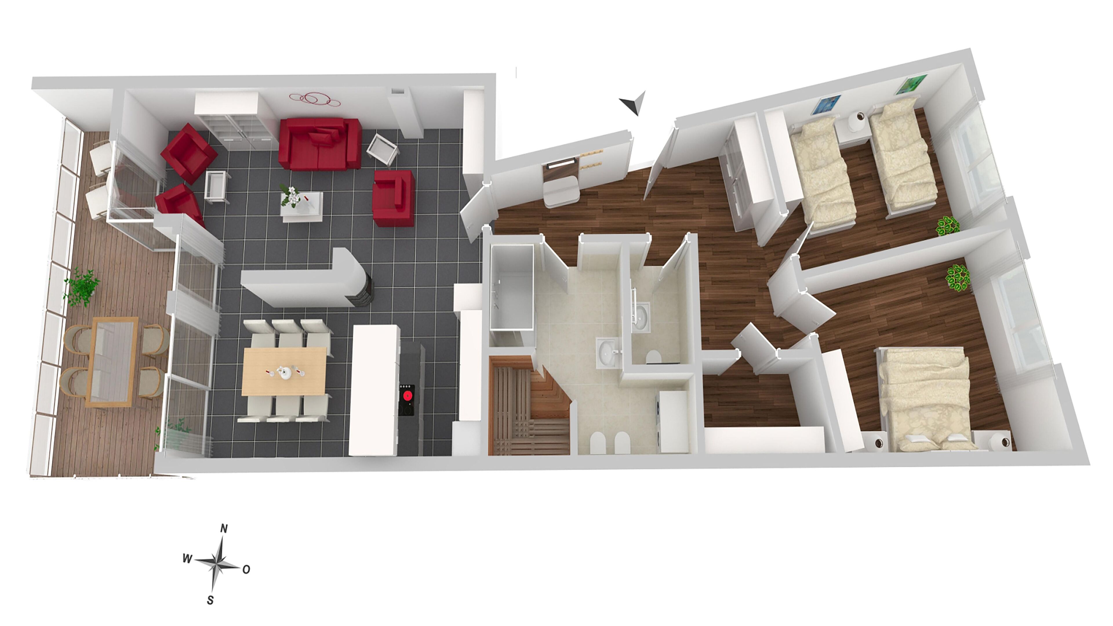 Plano de planta en 2D de un apartamento moderno con sala de estar, comedor, cocina y dos dormitorios.