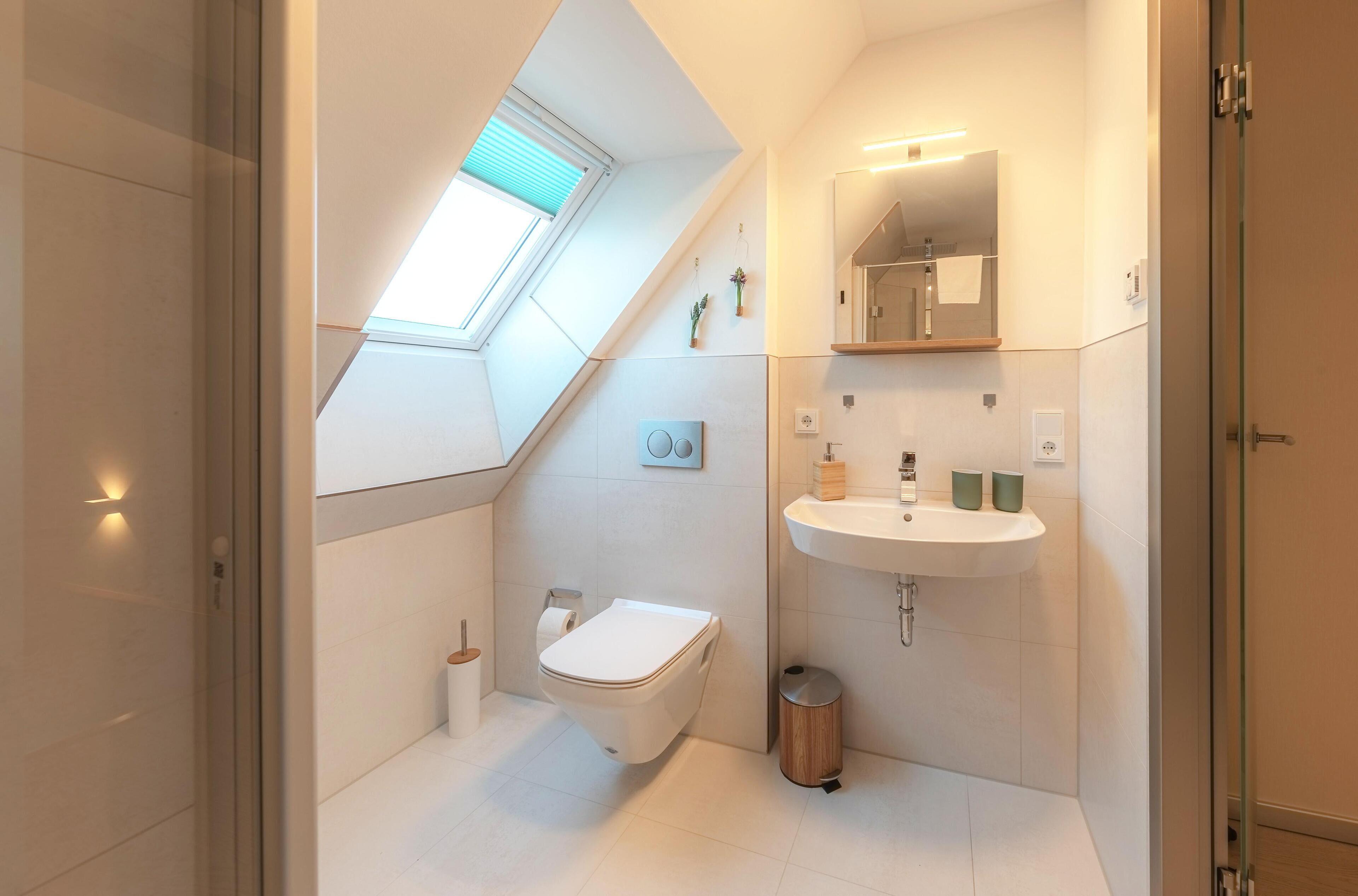 A modern bathroom with a skylight, a toilet, a sink, and a trash can.