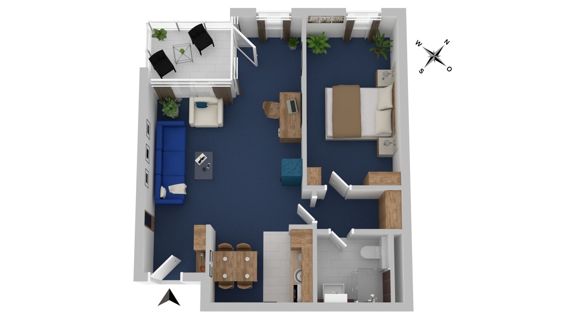 Plano de planta en 2D de un apartamento moderno con sala de estar, comedor, cocina y baño.