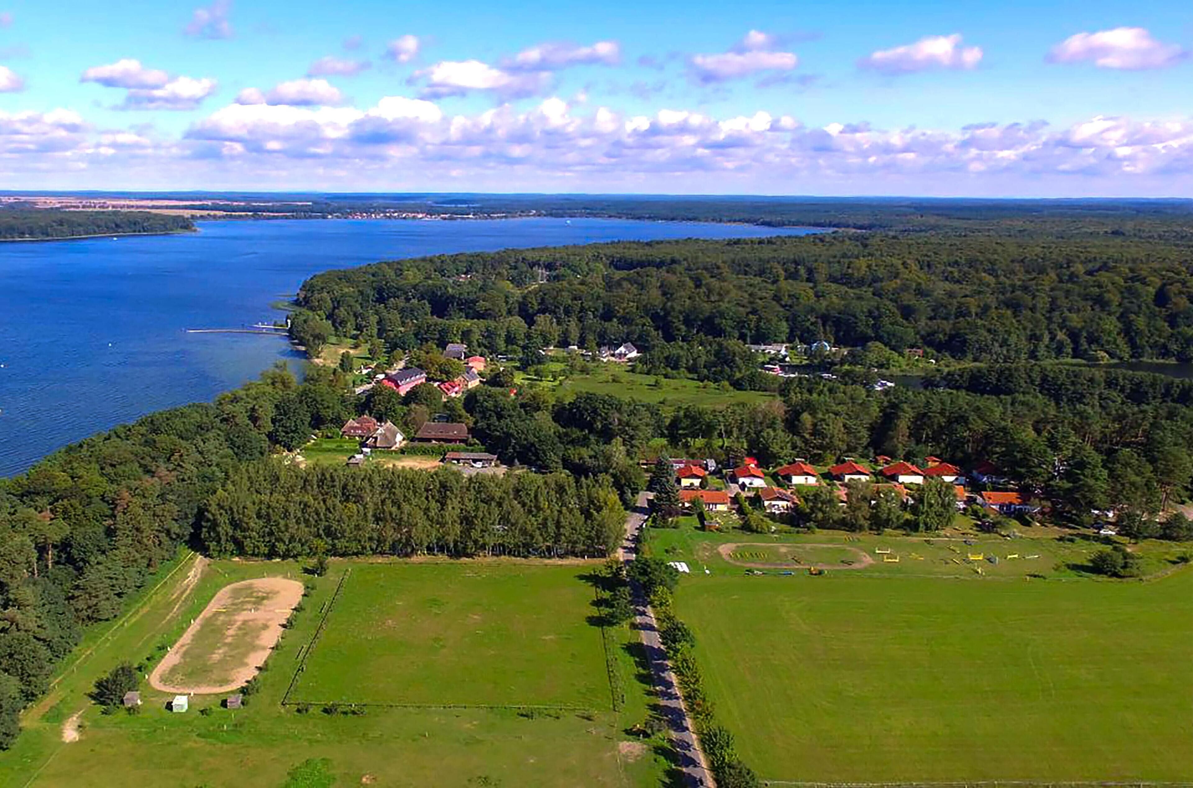 An aerial view of a lakeside community with houses, green fields, and a dock.