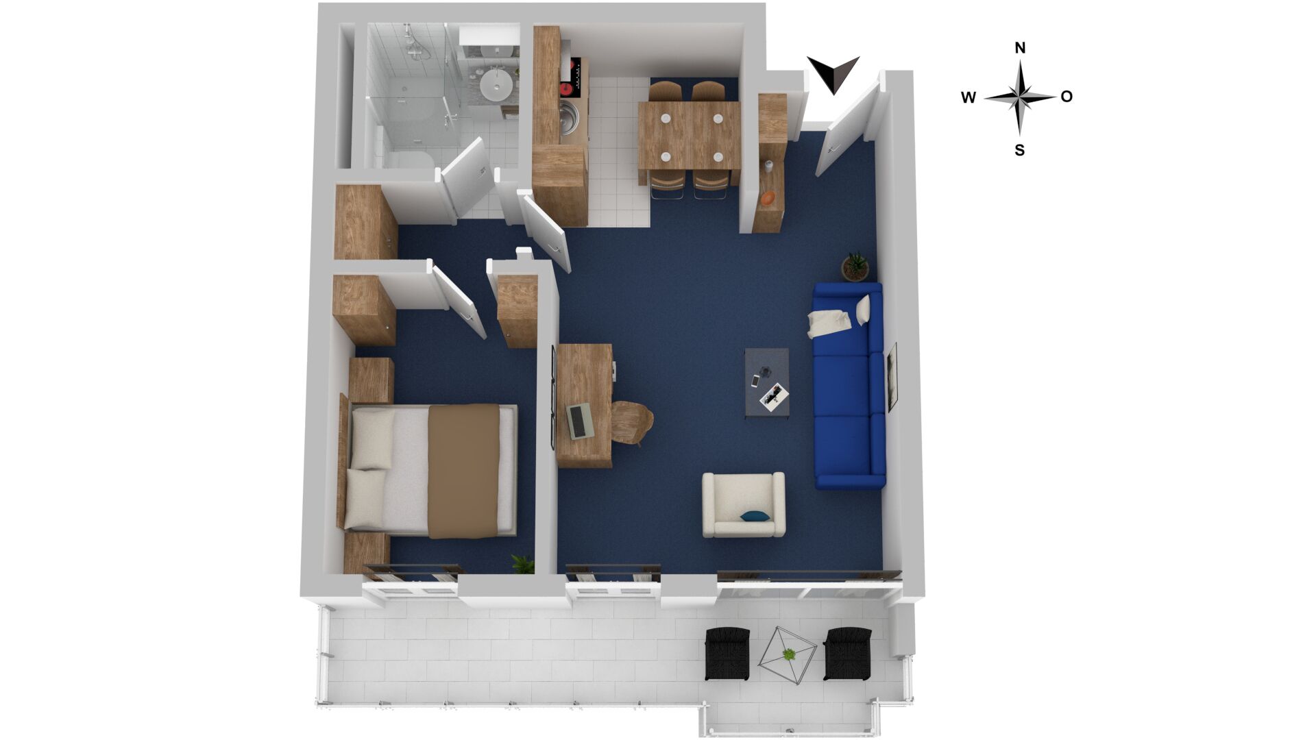Un appartement comprenant deux chambres, un salon, un coin repas, une cuisine et des chambres séparées.