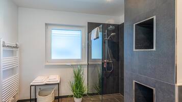 Shower, hair dryer, towels