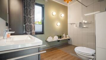 Shower, hair dryer, towels