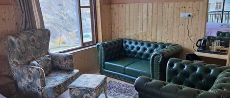A room with a green sofa, a floral armchair, and a small ottoman. There is a window with a view of a mountainous landscape.