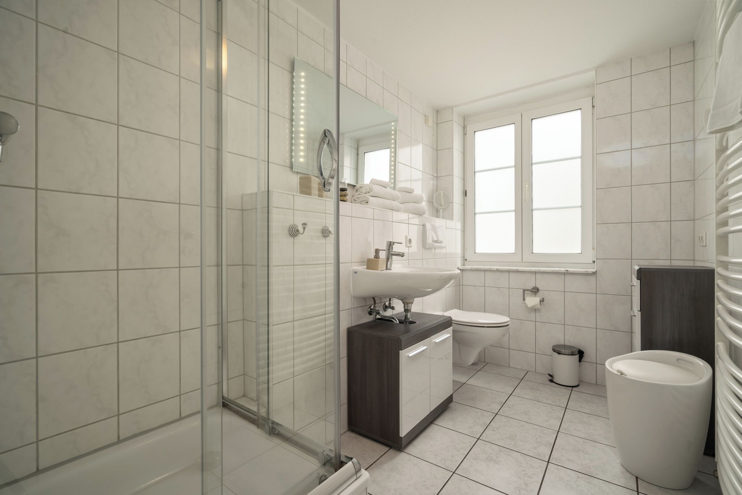 Shower, hair dryer, towels