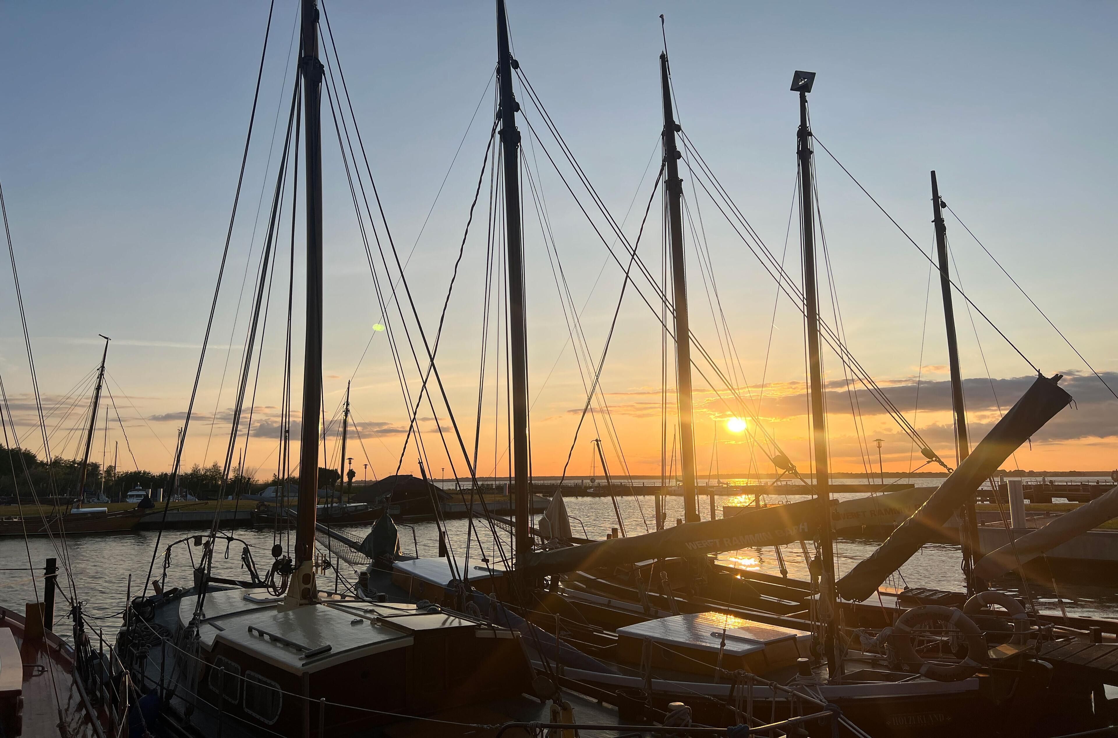 Ein Yachthafen mit mehreren Segelbooten, ein klarer Himmel und eine untergehende Sonne im Hintergrund.