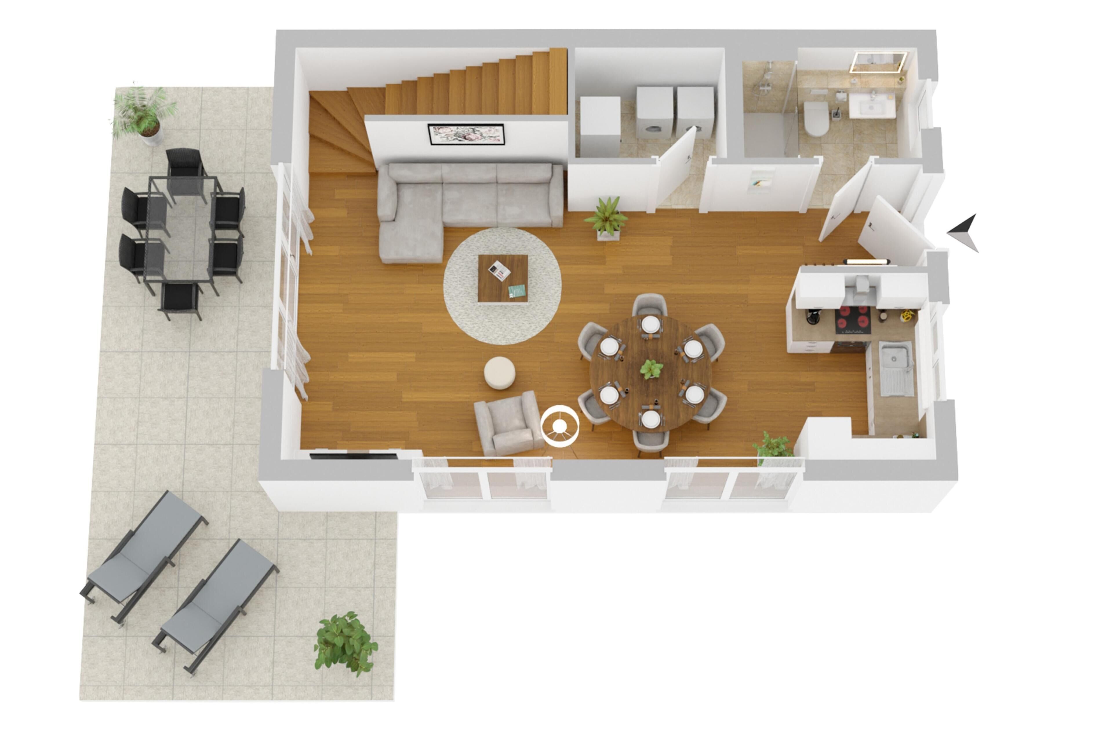 Ein modernes Apartment mit Wohnzimmer, Essbereich, Küche und einem Balkon mit zwei Liegestühlen.