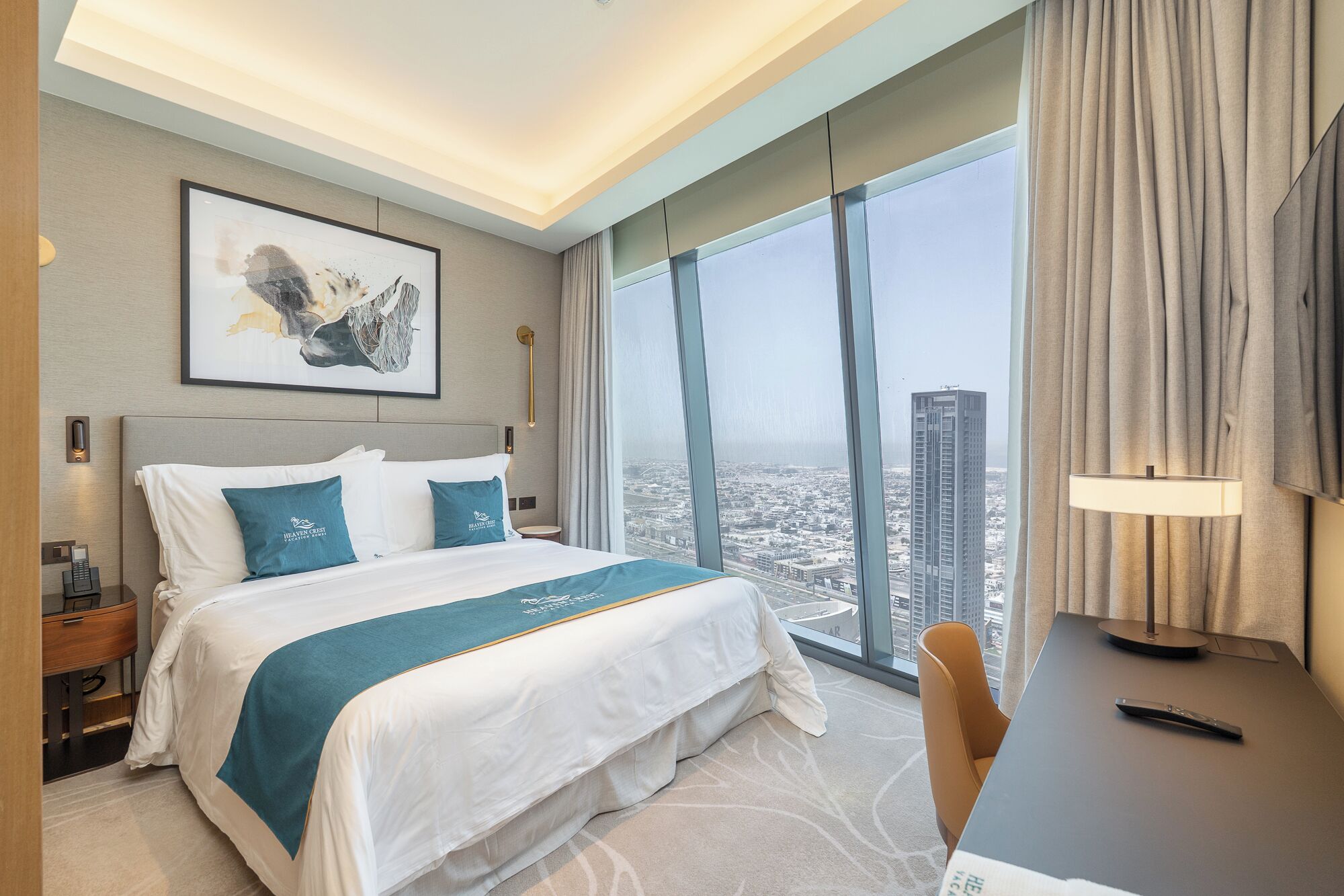 A hotel room with a large bed, a bedside table, a nightstand, a TV, and a view of the cityscape.