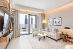 Design Apartment, 2 Bedrooms, Refrigerator & Microwave, City View | Living area | 46-inch Smart TV with digital channels, Netflix, streaming services - Address Residences Dubai Opera - Burj Khalifa City Views 2 & 3-Bedroom Apartment 1 minute walk to Burj Khalifa, Dubai Mall, Dubai Fountain by Heaven Crest (Dubai)