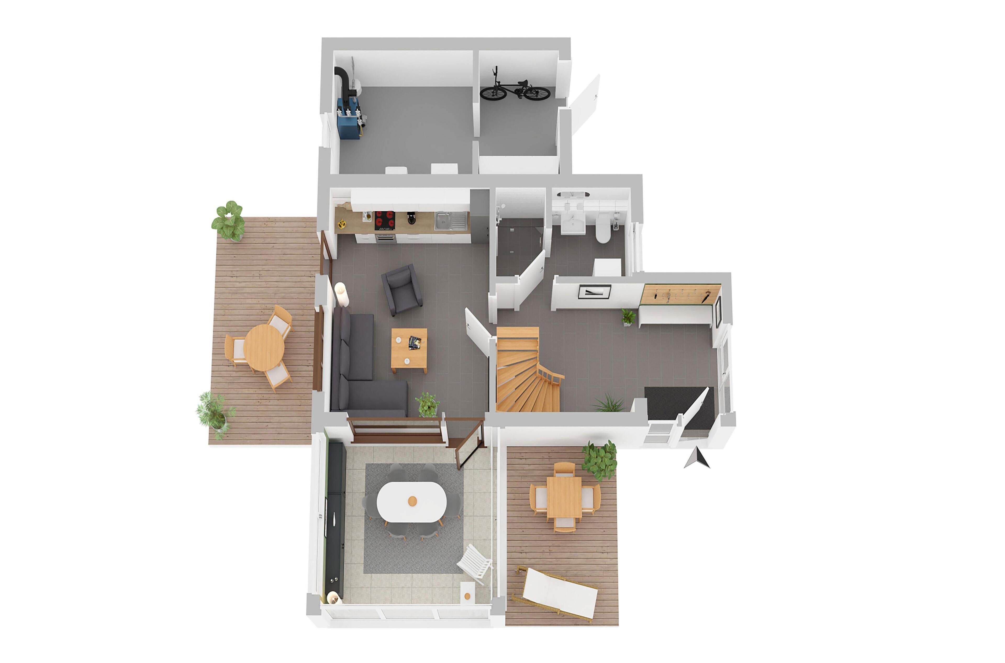 A 3D floor plan of a modern apartment with a living room, kitchen, dining area, two bedrooms, a bathroom, and a balcony.