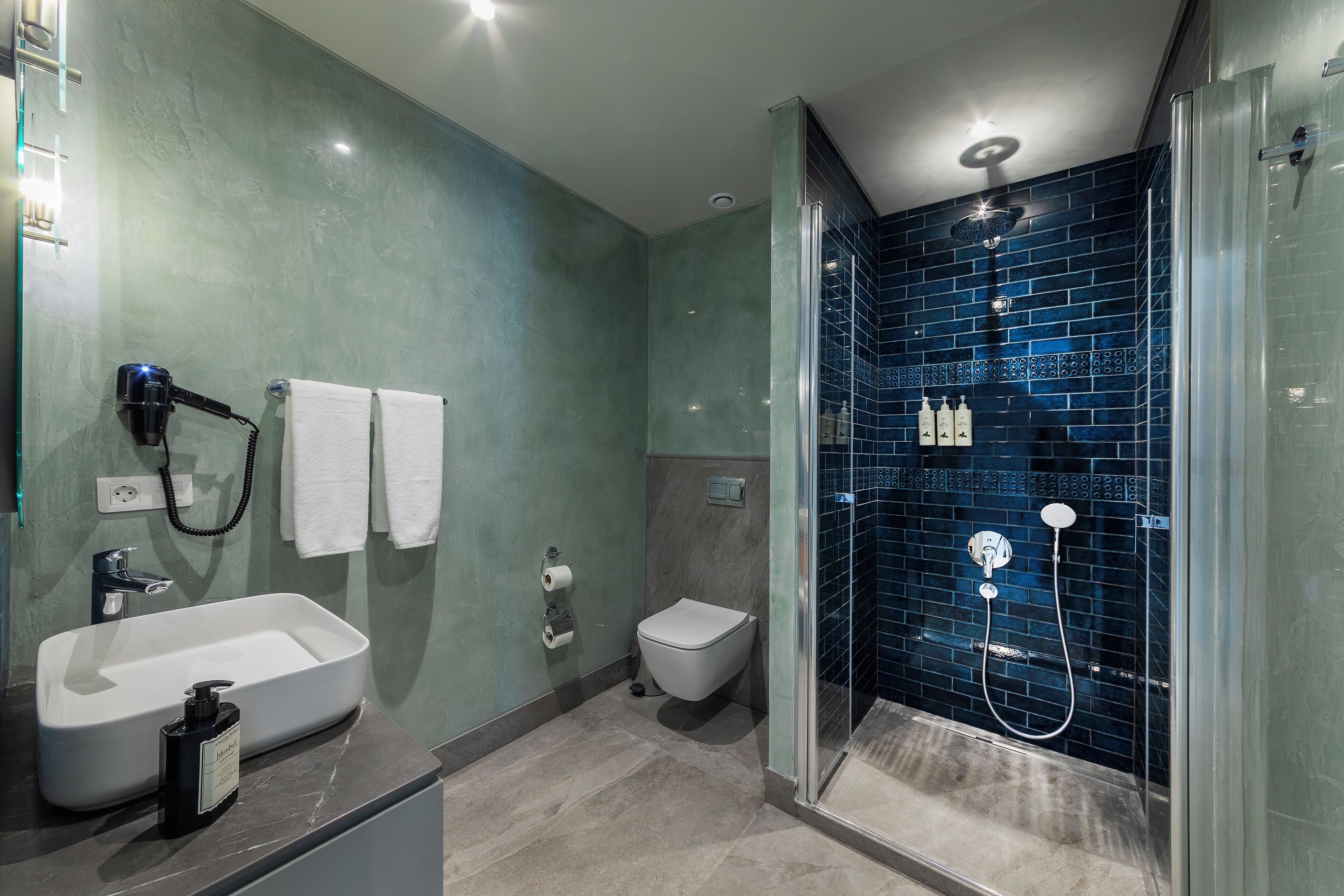 A modern bathroom with a freestanding bathtub, a toilet, and a glass-enclosed shower area.