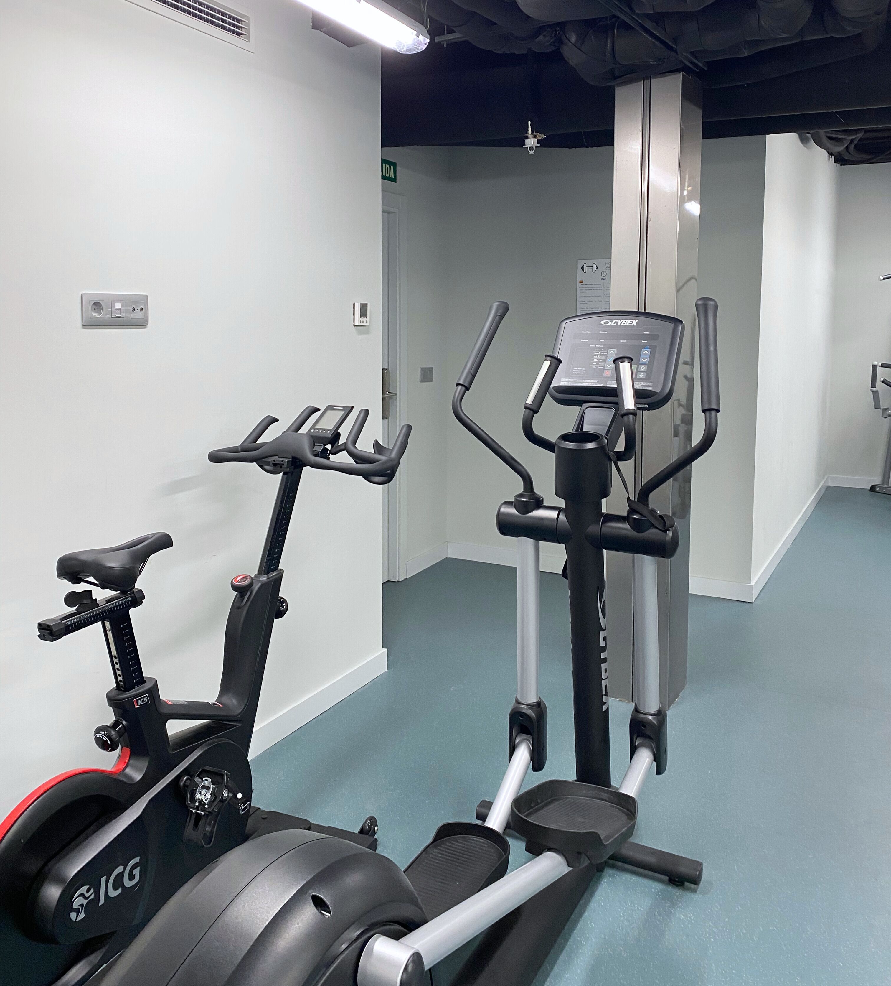 A gym with an ICG stationary bike and a Cybex elliptical machine.
