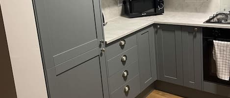 Frigorífico, microondas, horno y placa de cocina