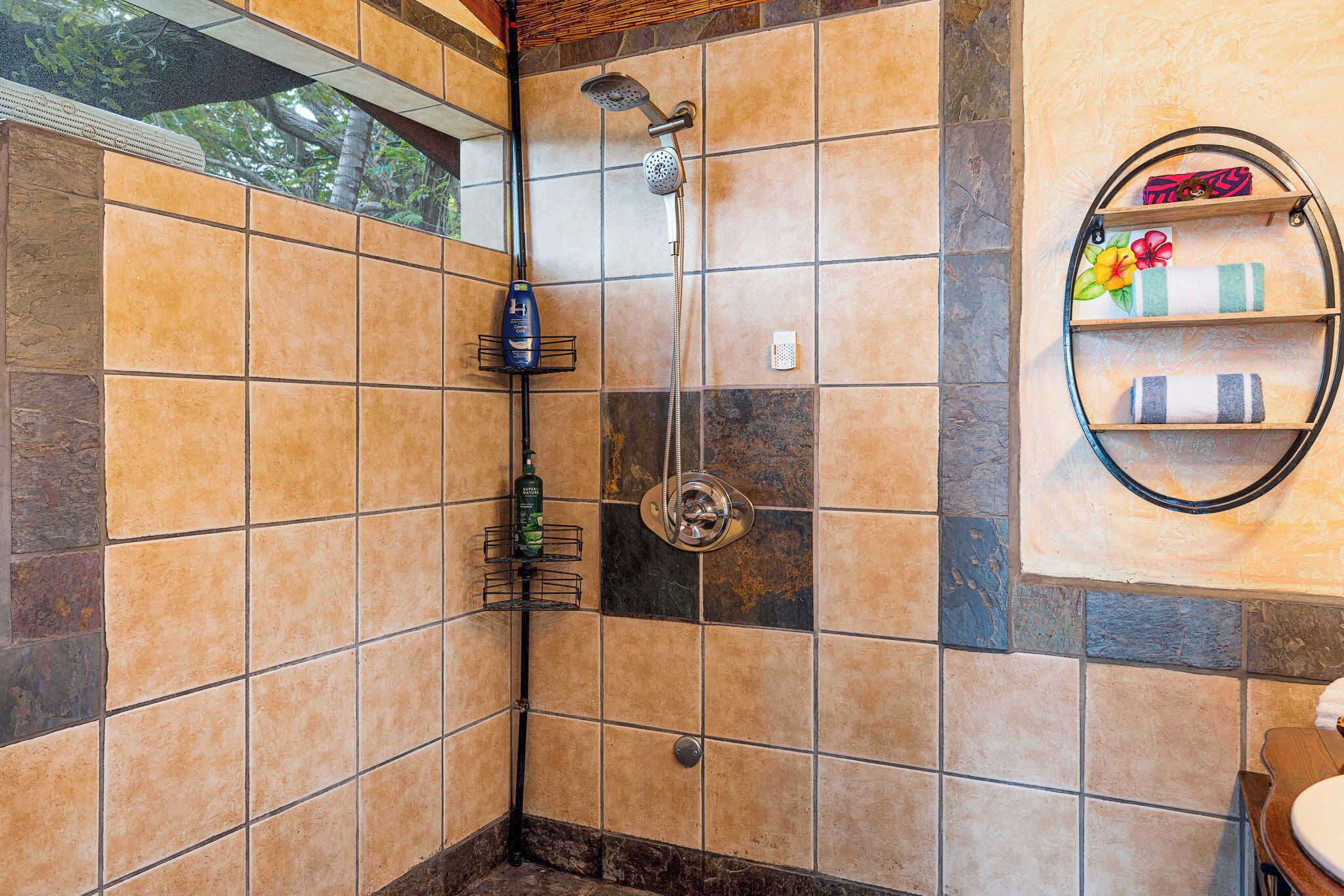 Shower, hair dryer, towels