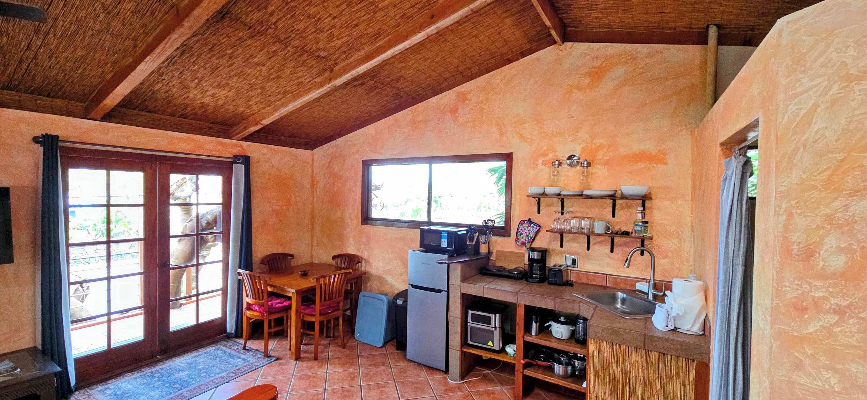 Microwave, coffee/tea maker, toaster, cookware/dishes/utensils