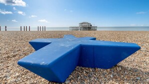 A pebble beach with a blue star-shaped object in the foreground and a wooden structure in the background. - Host Stay Over Arches (Brighton)