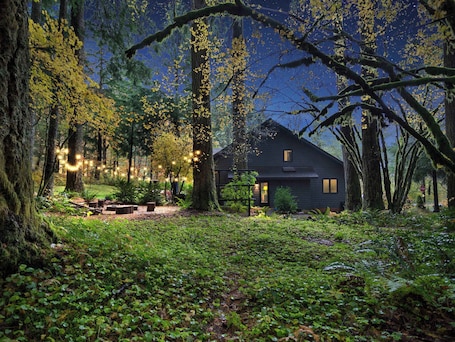 A cabin surrounded by forest with string lights.. Lolowood Chalet - Modern Mt. Hood Forest Escape