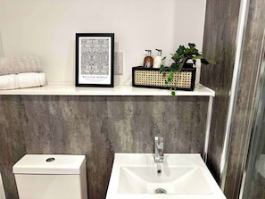 A bathroom with a toilet, sink, framed artwork, toiletries, and a potted plant. - Host & Stay | Copper Box (Crosby)