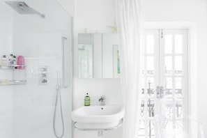Shower, hair dryer, towels, shampoo