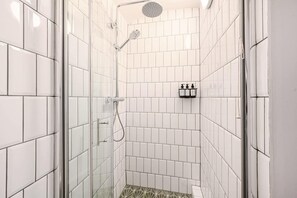 Shower, hair dryer, towels, shampoo