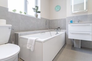 Shower, hair dryer, shampoo