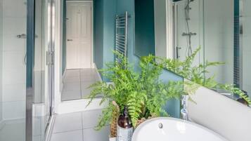 Shower, hair dryer, towels, shampoo