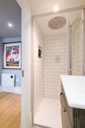 Shower, hair dryer, towels