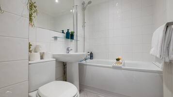 Shower, hair dryer, shampoo