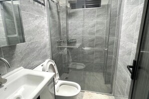 Shower, hair dryer, bidet, towels