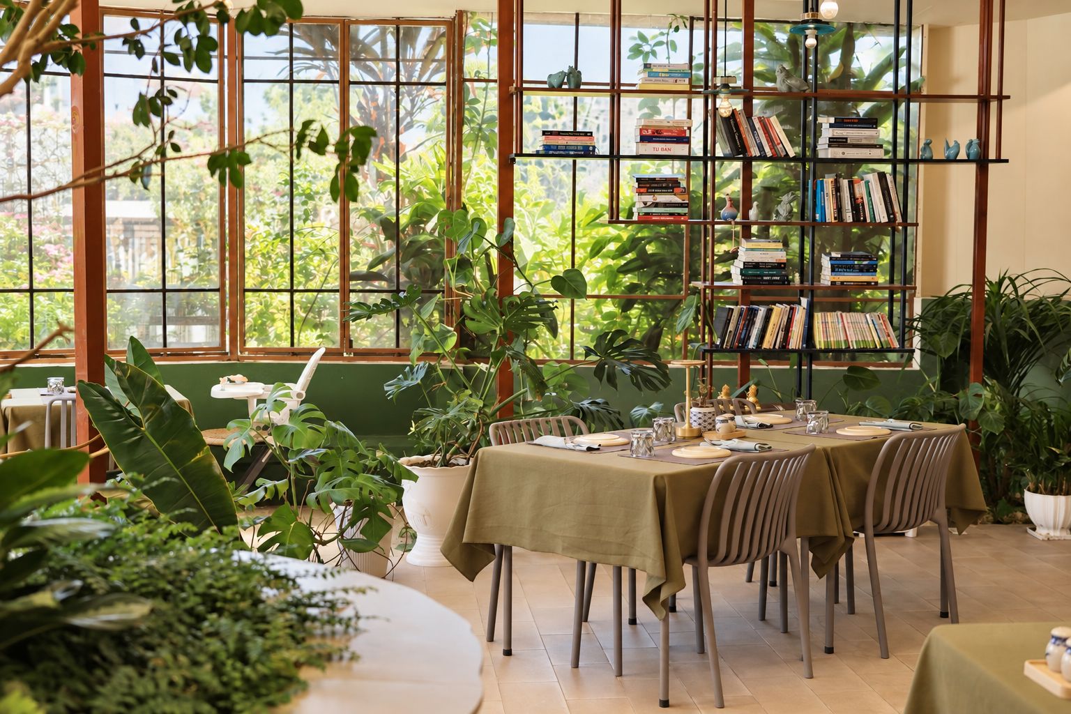 A dining area with a table set for two, surrounded by potted plants, and a bookshelf filled with books.