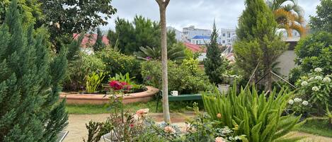 A garden with various plants and flowers, a bench, and a weather vane.