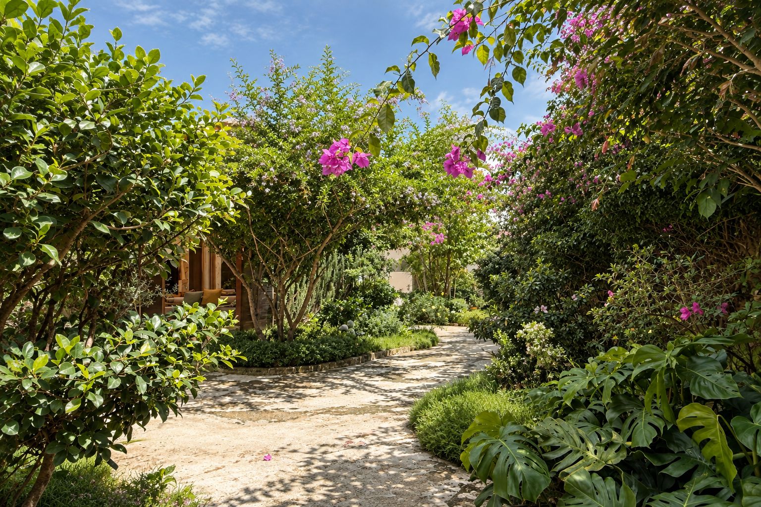 A garden pathway with lush greenery and flowering plants.