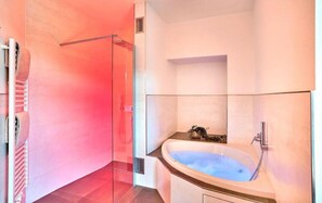 Tweepersoonskamer | Badkamer | Een haardroger, handdoeken
