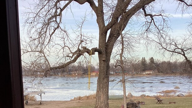 A view from a covered porch overlooking a river, with a large tree in the foreground and a grassy area with a picnic table.