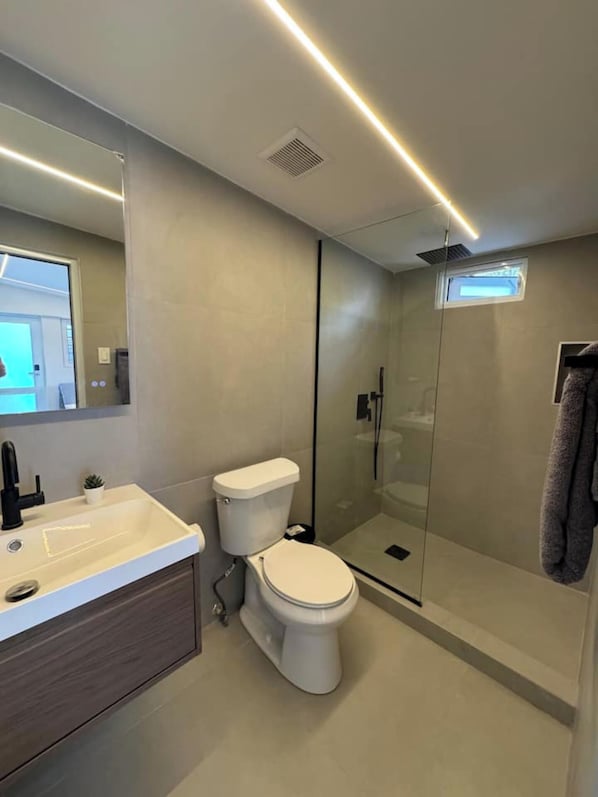 Hair dryer, towels, soap, toilet paper