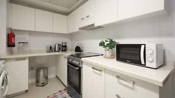 Coffee/tea maker, fridge, microwave, oven
