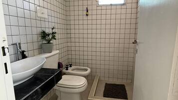 Regadera, secadora de cabello, bidet, toallas