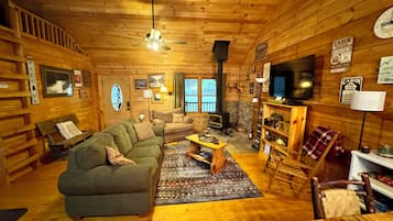 Smart TV, fireplace, DVD player, books