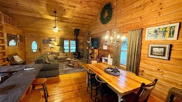 TV connectée, cheminée, lecteur de DVD, livres