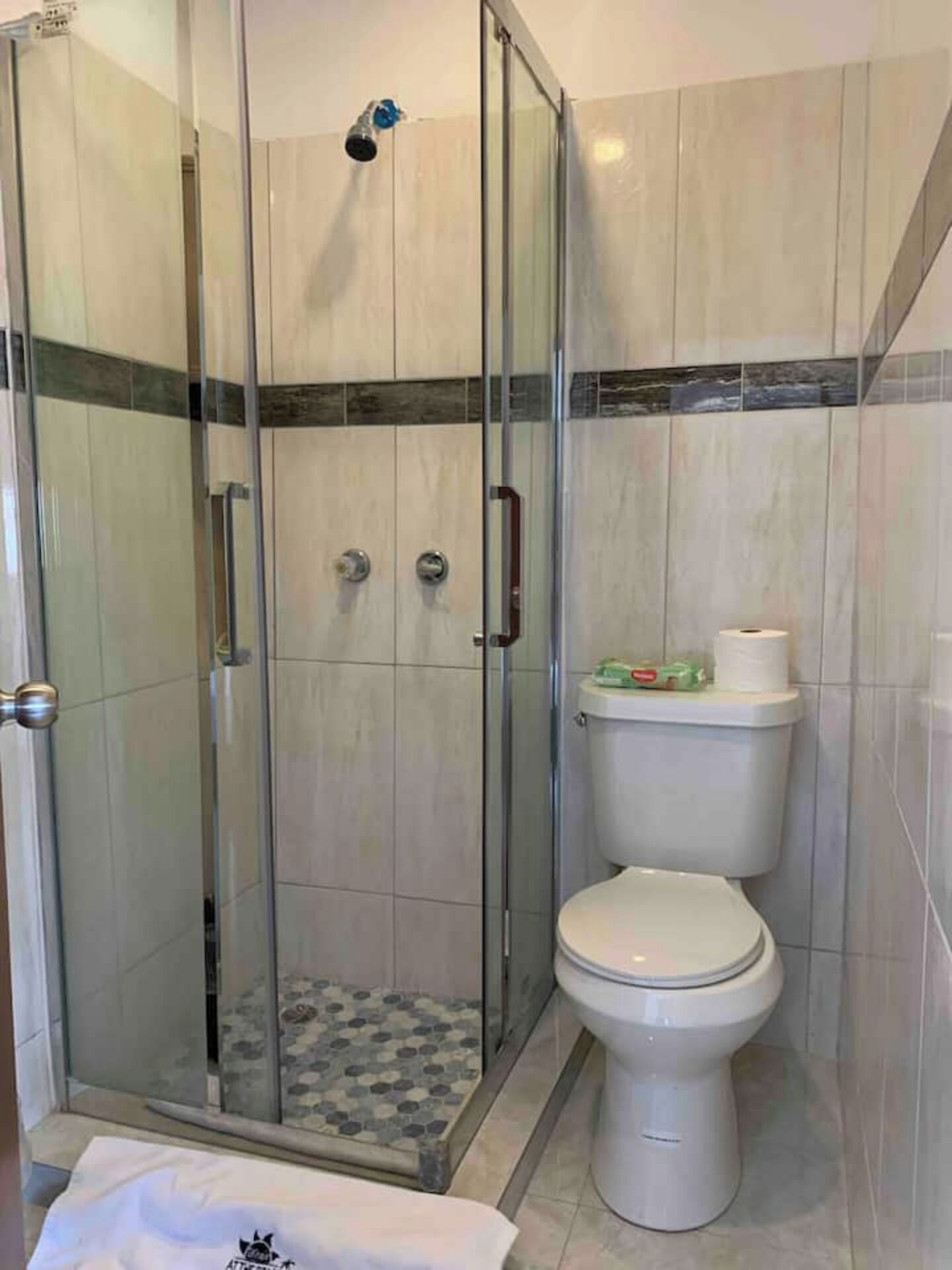 Un baño con ducha de vidrio, inodoro y una toalla pequeña en el suelo.