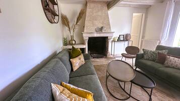 Télévision, cheminée, livres