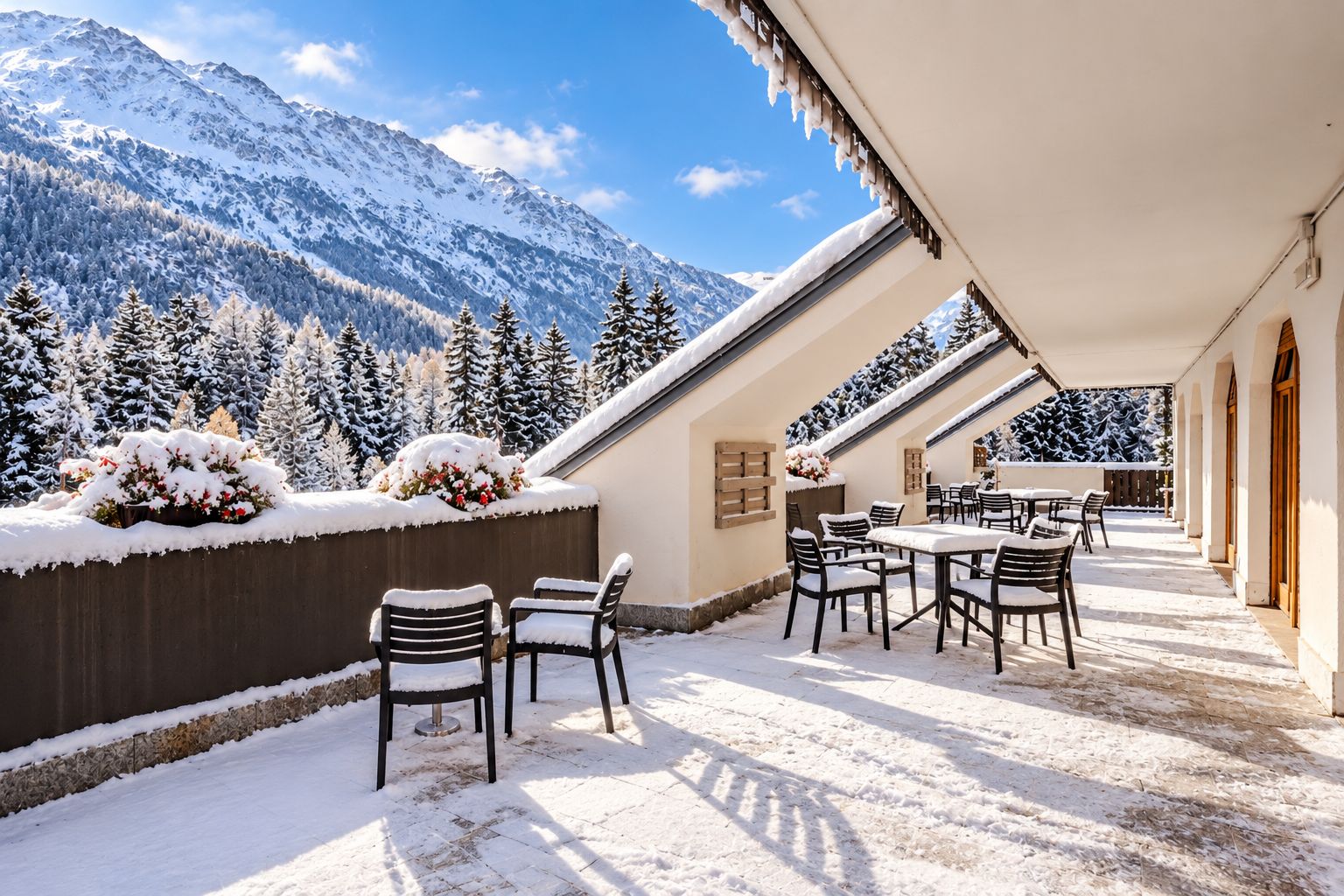A snow-covered outdoor seating area with a mountain view, featuring a table and chairs, and a wooden wall with snow-covered plants.