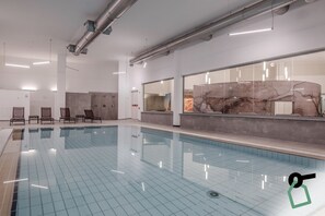 Indoor pool, open 2:30 PM to 7:30 PM, sun loungers