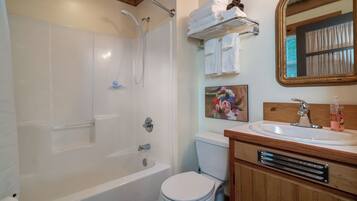 Hair dryer, towels, soap, toilet paper